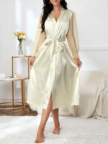 SHEIN Bata de malla en contraste de manga con volante con cinturón de satén - Beis - Ver 6