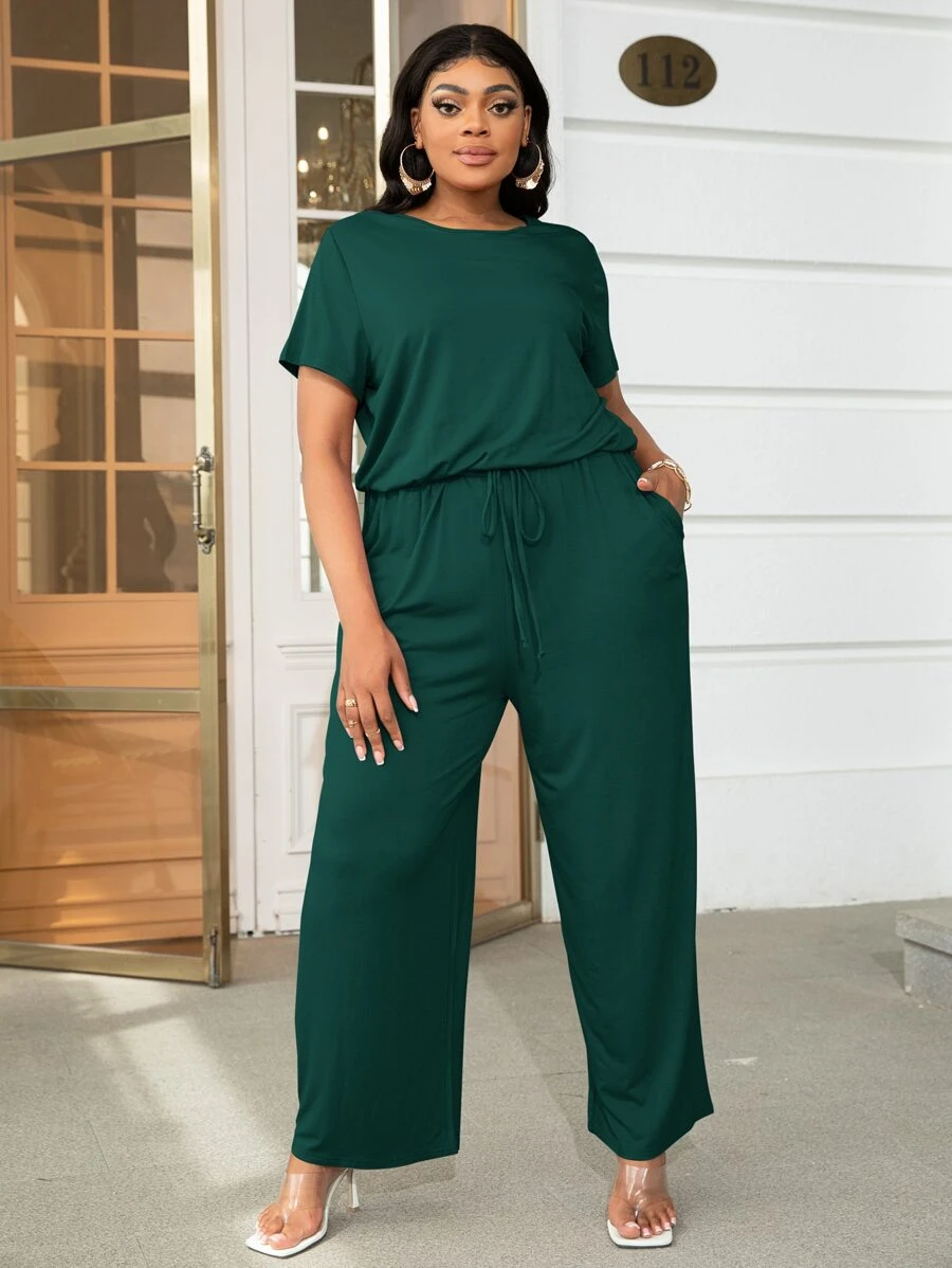 DEARCASE Mono de pierna ancha de cintura con cordón de espalda con abertura de ojo - Verde Oscuro - Ver 1