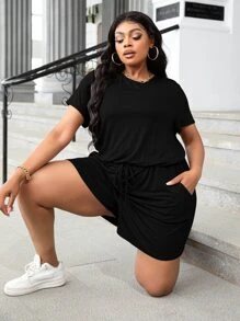 DEARCASE Jumpsuits Plus Size Nút Dây kéo Túi màu trơn Giải trí - màu đen - Xem 1