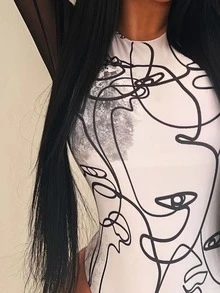 Figure Graphic Contrast Mesh Sleeve High Neck One Piece Swimsuit - Multicolor - View 4