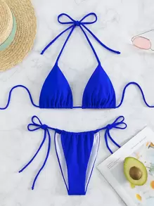 SHEIN Swim Traje de baño de 2 piezas con sujetador de microtriángulo y bottom de tanga unicolor halter - azul real - Ver 1