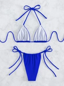 SHEIN Swim Traje de baño de 2 piezas con sujetador de microtriángulo y bottom de tanga unicolor halter - azul real - Ver 2