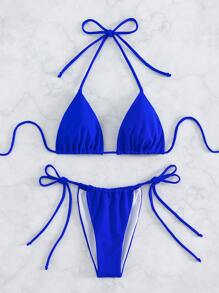 SHEIN Swim Traje de baño de 2 piezas con sujetador de microtriángulo y bottom de tanga unicolor halter - azul real - Ver 4