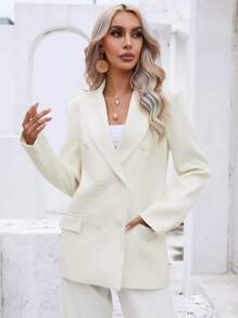 SHEIN BIZwear 素色雙排釦青果領西裝外套 - 白色 - 查看 1