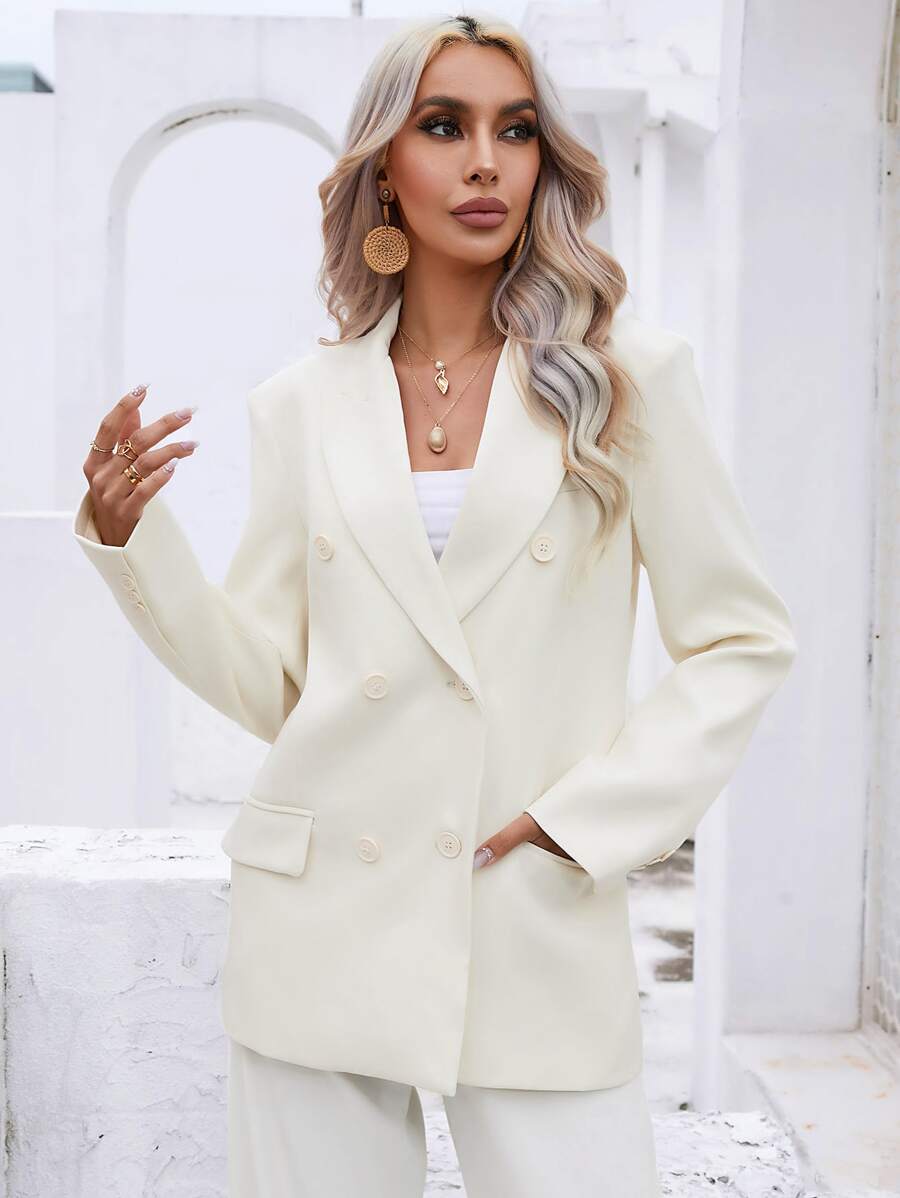 SHEIN BIZwear 素色雙排釦青果領西裝外套 - 白色 - 查看 1