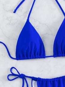 SHEIN Swim Traje de baño de 2 piezas con sujetador de microtriángulo y bottom de tanga unicolor halter - azul real - Ver 6