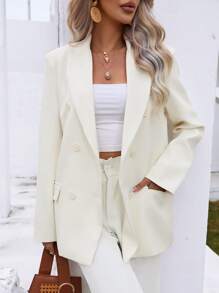 SHEIN BIZwear 素色雙排釦青果領西裝外套 - 白色 - 查看 4