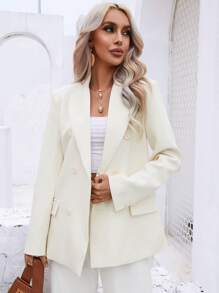 SHEIN BIZwear 素色雙排釦青果領西裝外套 - 白色 - 查看 5