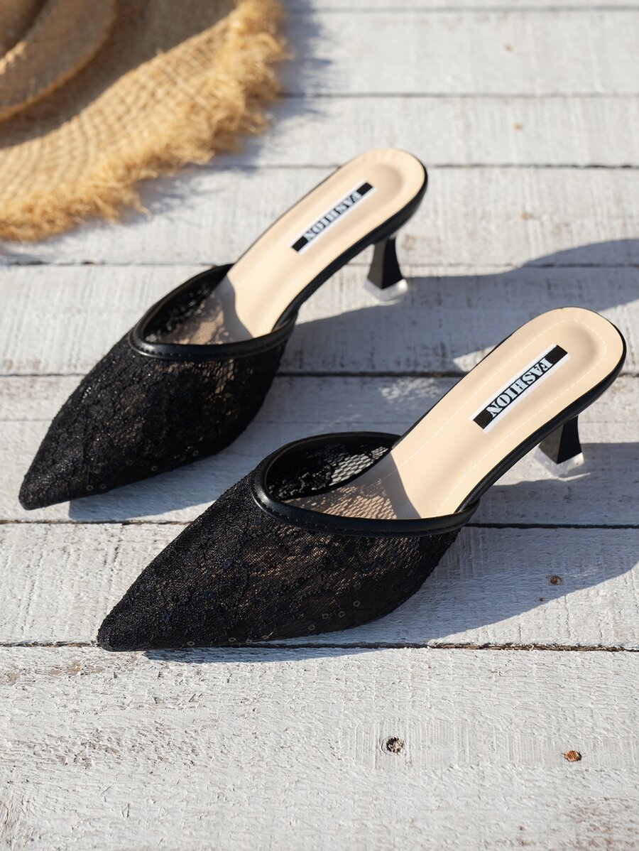 Women Lace Panel Pumps, Mesh Point Toe Pyramid Heeled Fashionable Mule Pumps Black - Black - View 1