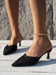 Mujer Tacones mules panel con encaje de malla de punta tacón pirámide de moda negro - Negro - Ver 5