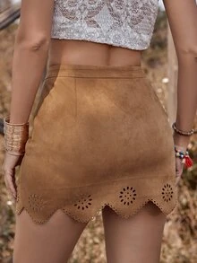 Laser Cut Out Scallop Trim Skirt - Camel - View 2