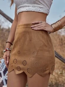 Laser Cut Out Scallop Trim Skirt - Camel - View 4