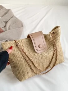 編織鏈帶手提袋 - 卡其色 - 查看 1