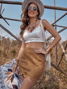 Laser Cut Out Scallop Trim Skirt - Camel - View 6