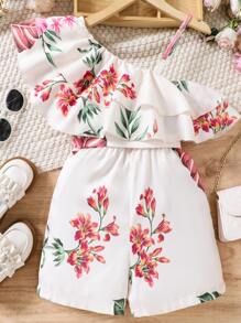 Chicas Mono con estampado floral de cuello asimétrico ribete con fruncido con cinturón - Blanco - Ver 2