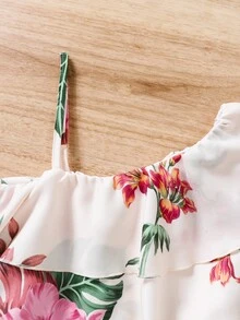 Chicas Mono con estampado floral de cuello asimétrico ribete con fruncido con cinturón - Blanco - Ver 3