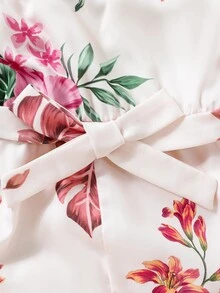 Chicas Mono con estampado floral de cuello asimétrico ribete con fruncido con cinturón - Blanco - Ver 4