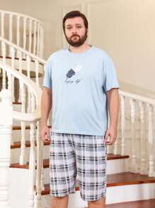 Men Slogan Graphic Sleep Tee & Plaid Print Shorts - Multicolor - View 1