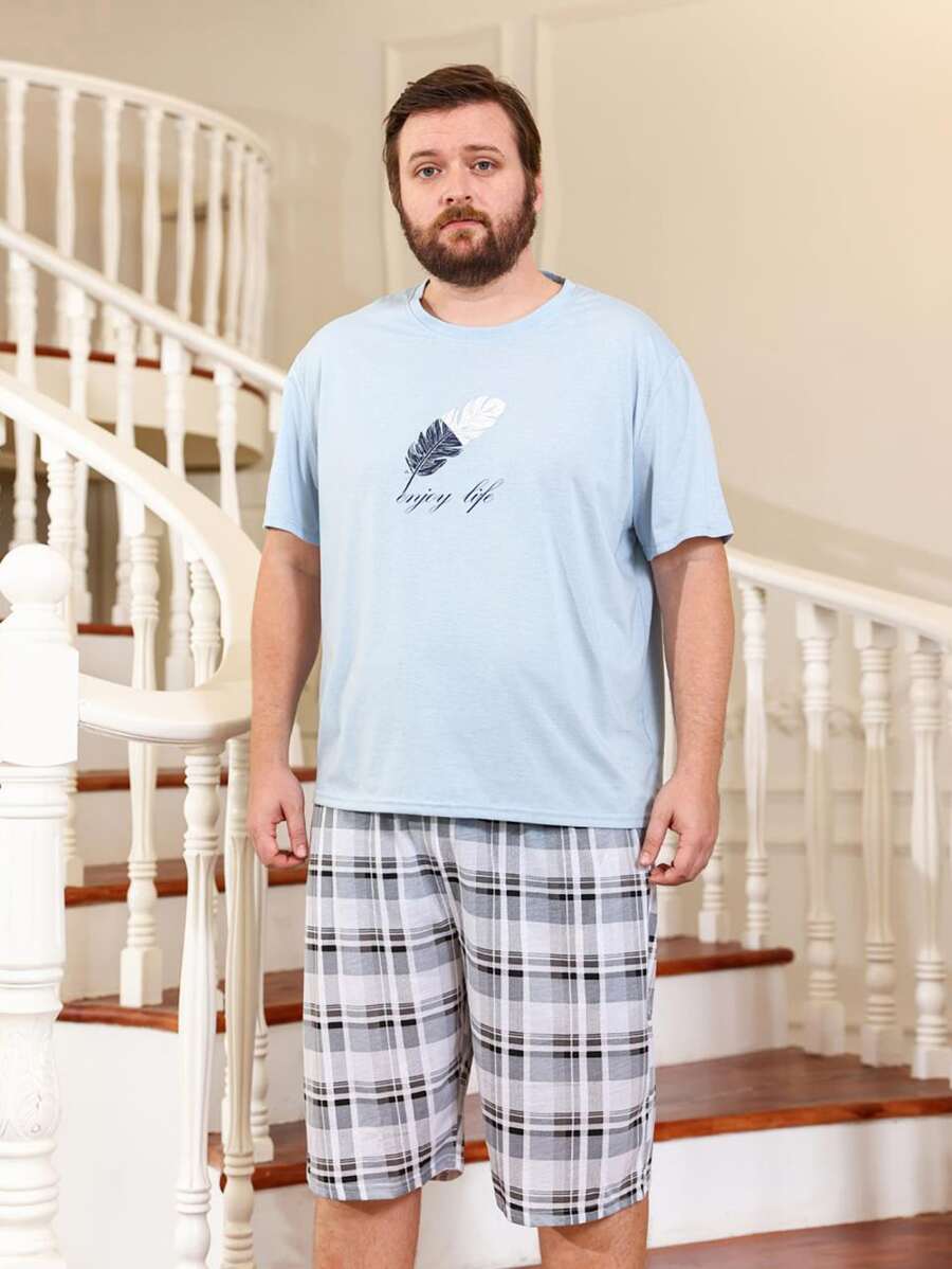 Men Slogan Graphic Sleep Tee & Plaid Print Shorts - Multicolor - View 1