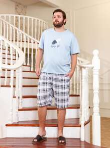 Men Slogan Graphic Sleep Tee & Plaid Print Shorts - Multicolor - View 4