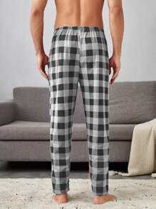 Men Buffalo Plaid Slant Pockets PJ Trousers - Black and White - View 2