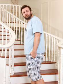 Men Slogan Graphic Sleep Tee & Plaid Print Shorts - Multicolor - View 5