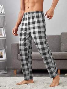 Men Buffalo Plaid Slant Pockets PJ Trousers - Black and White - View 4