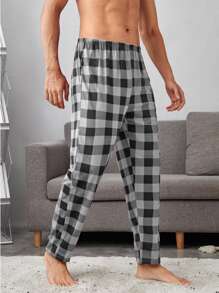 Men Buffalo Plaid Slant Pockets PJ Trousers - Black and White - View 5