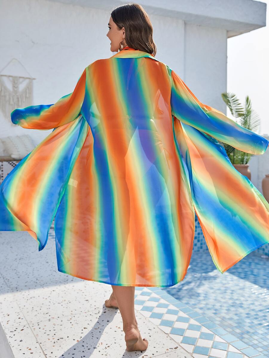 大碼漸層前紐扣和服罩衫 - 彩色 - 查看 1