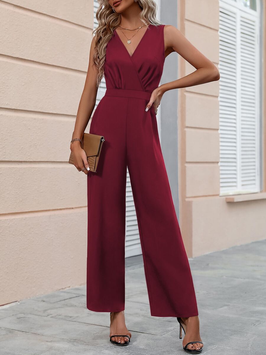 Chiquease Solid Surplice Neck Wide Leg Jumpsuit - Maroon - View 1