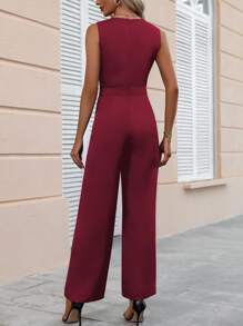 Chiquease Solid Surplice Neck Wide Leg Jumpsuit - Maroon - View 2