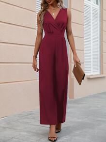 Chiquease Solid Surplice Neck Wide Leg Jumpsuit - Maroon - View 4