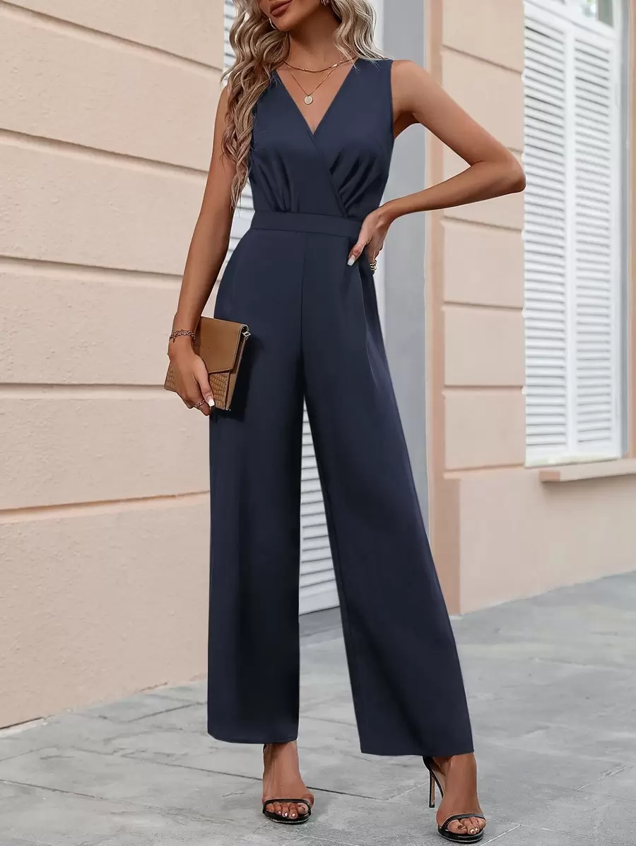 Chiquease Solid Surplice Neck Wide Leg Jumpsuit - Navy Blue - View 1