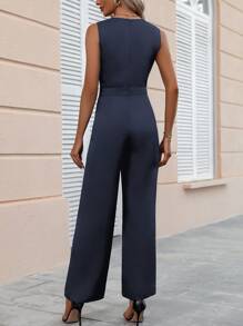 Chiquease Solid Surplice Neck Wide Leg Jumpsuit - Navy Blue - View 2