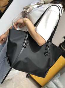 Minimalist Shoulder Tote Bag - Black - View 5