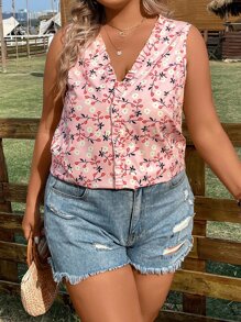 SHEIN Clasi Áo hai dây Plus Size viền lá sen Hoa Tất cả trên in Boho - Hồng - Xem 2
