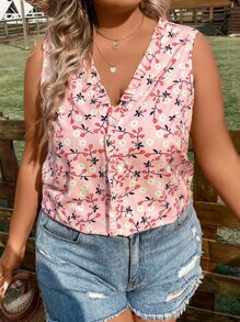 SHEIN Clasi Áo hai dây Plus Size viền lá sen Hoa Tất cả trên in Boho - Hồng - Xem 4