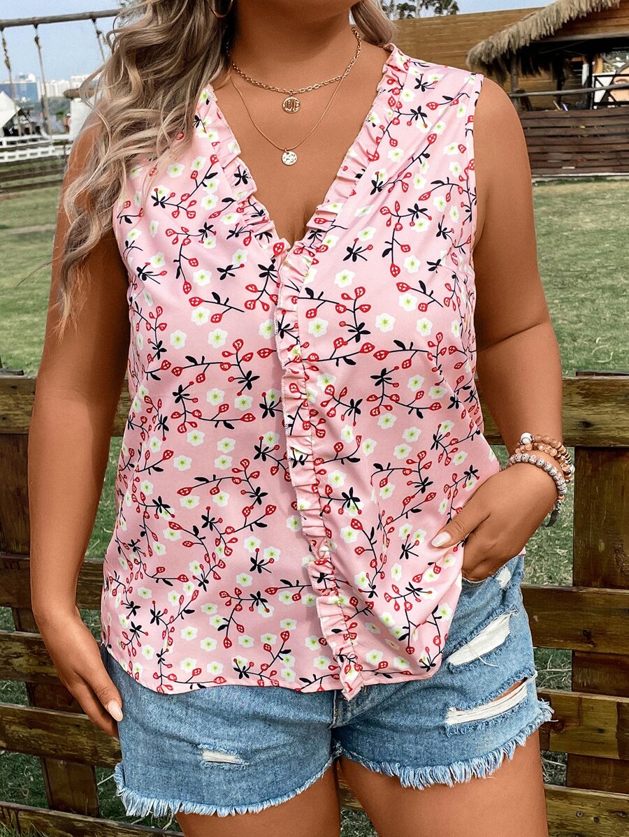 SHEIN Clasi Áo hai dây Plus Size viền lá sen Hoa Tất cả trên in Boho - Hồng - Xem 1