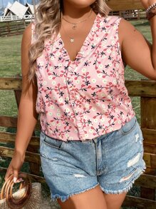 SHEIN Clasi Áo hai dây Plus Size viền lá sen Hoa Tất cả trên in Boho - Hồng - Xem 6