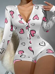 Heart Print Button Front Romper Bridal Lingerie, Fall - White - View 1