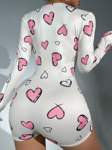 Heart Print Button Front Romper Bridal Lingerie, Fall - White - View 2