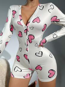 Heart Print Button Front Romper Bridal Lingerie, Fall - White - View 3