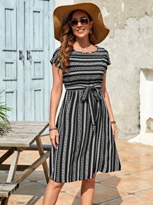 EMERY ROSE Allover Print Belted Dress - Black and White - View 3