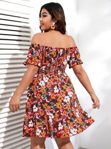 SHEIN VCAY Vestido con estampado floral de hombros descubiertos bajo con fruncido - Multicolor - Ver 2