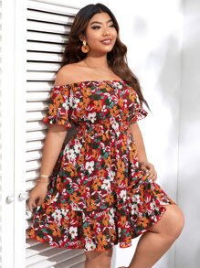 SHEIN VCAY Vestido con estampado floral de hombros descubiertos bajo con fruncido - Multicolor - Ver 5