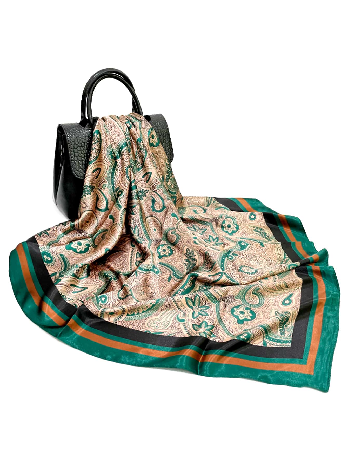 佩斯利印花方巾 - 綠色 - 查看 1