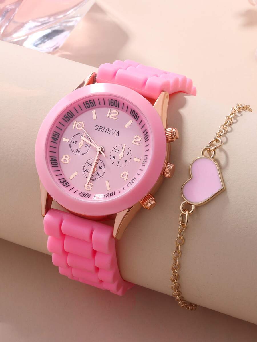 1入組極簡風格石英表和1入組愛心裝飾手環 - 粉色 - 查看 1