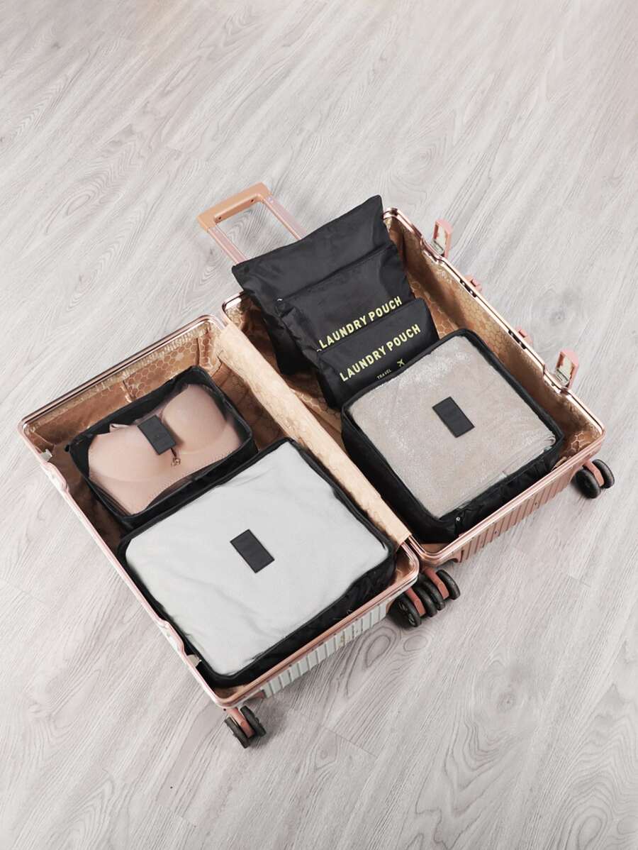 6pcs Portable Travel Storage Bag, Black Polyester Multifunction Wash Bag For Travel,Boho Vibes - Black - View 1