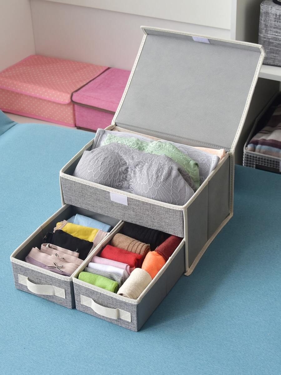1 pieza Caja de almacenamiento de ropa interior de doble capa, decoración de habitación, decoración del hogar, decoración de otoño, decoración de dormitorio - Gris - Ver 1