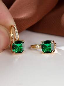 Pendientes de aro cuadrado con diseño de gema - Verde - Ver 3